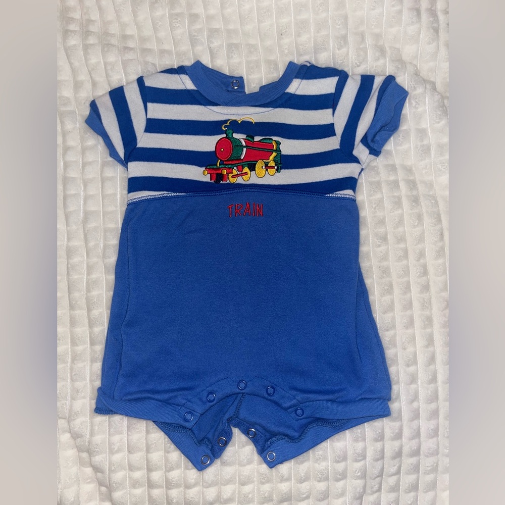 Vintage 90s Blue Train Striped T Shirt Onesie Size 6-9 months